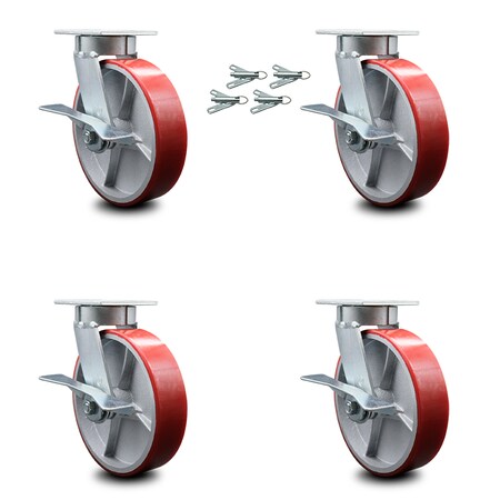 Service Caster 8 Inch Kingpinless Red Poly on Steel Wheel Caster Set Brake and Swivel Lock SCC-KP30S820-PUR-RS-SLB-BSL-4